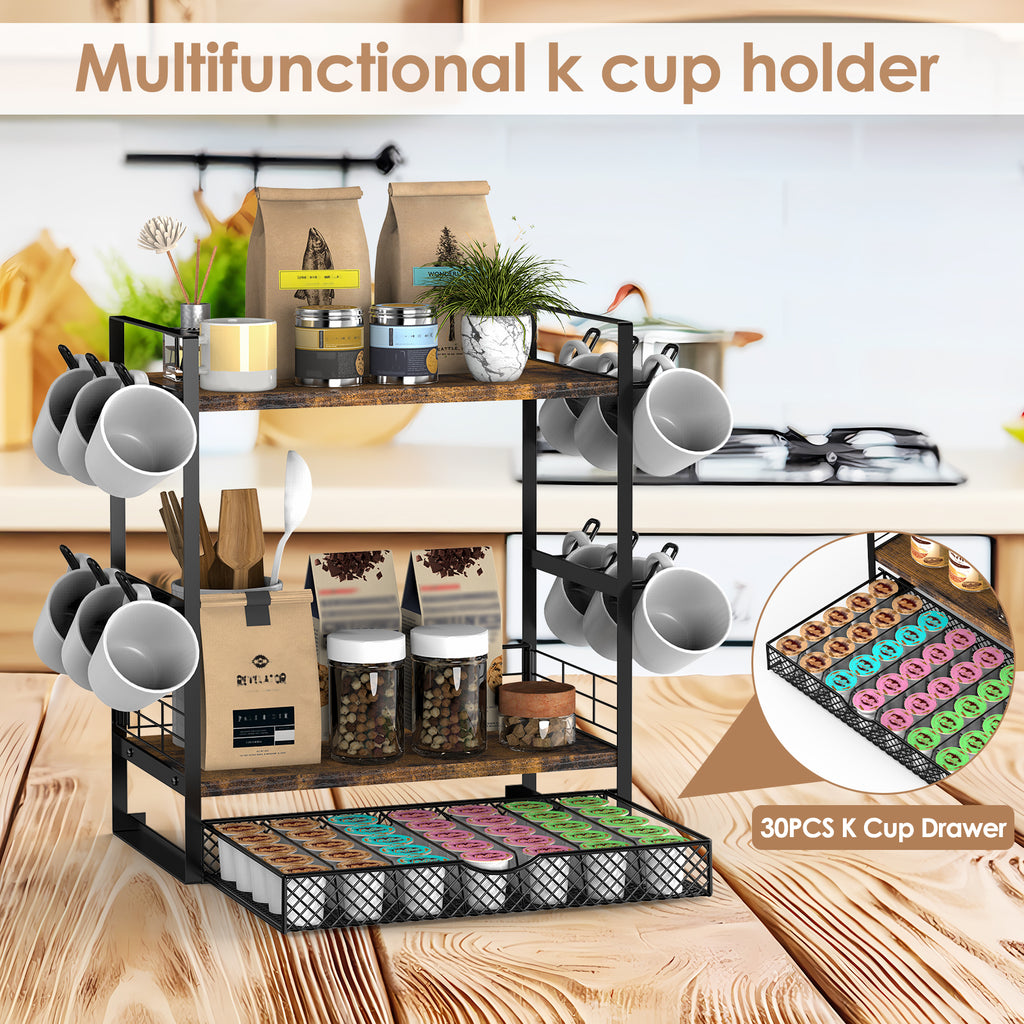 3-Tier Coffee Station Organizer - Countertop Mug Holder with 12 Hooks & 28 Pod Storage Drawer,