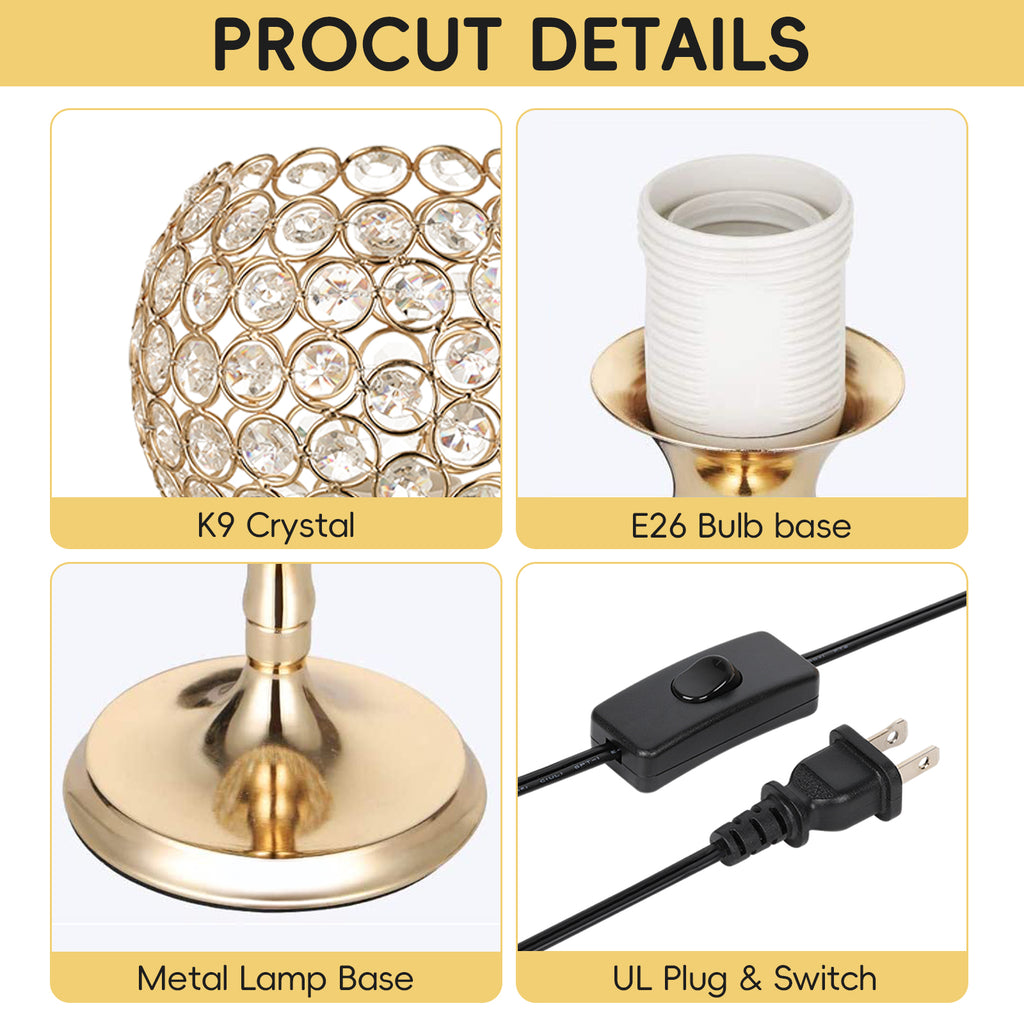 Spherical Gold Crystal Desk Lamp, Elegant Decorative Bedside Lantern Night Light for Dresser & Hallway