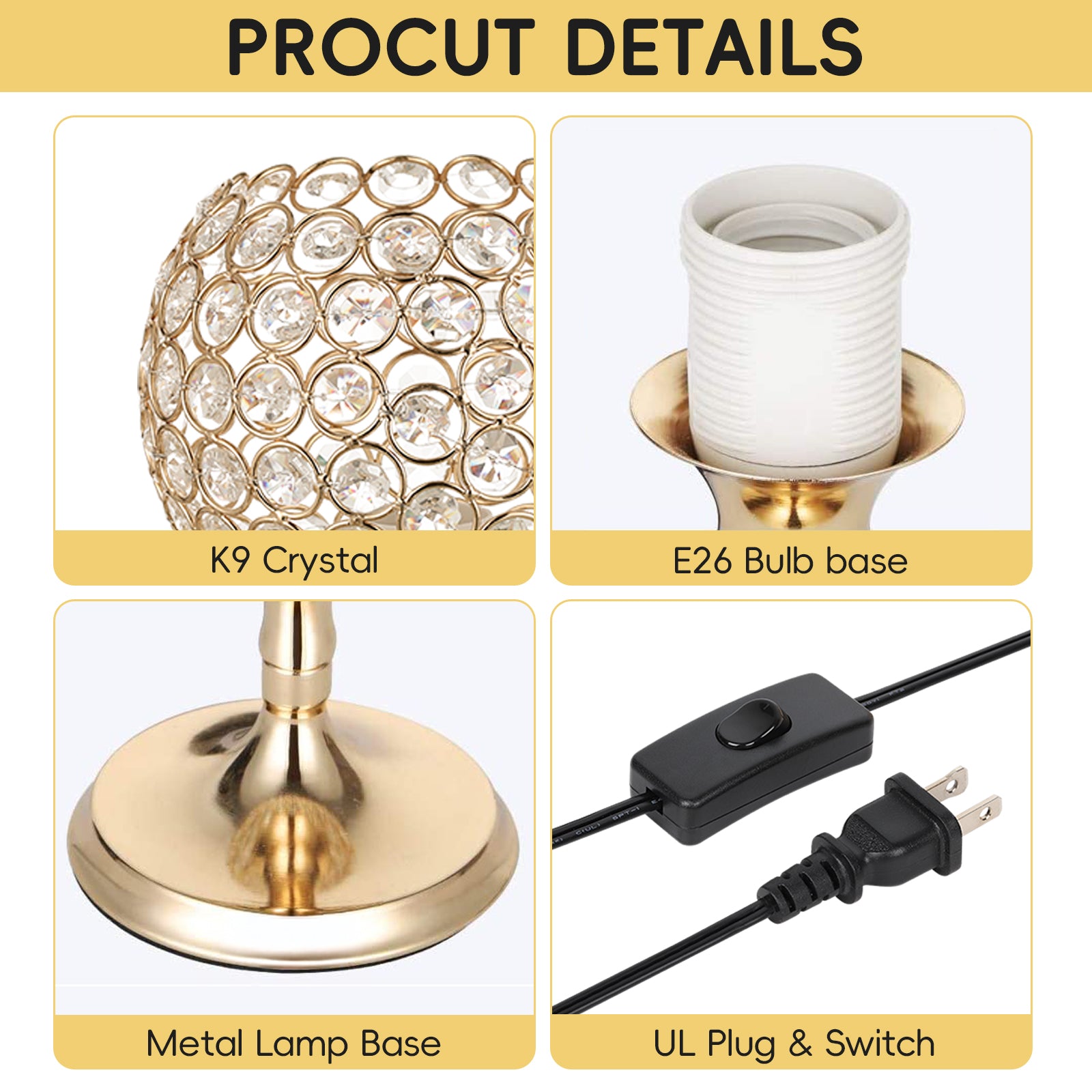 Spherical Gold Crystal Desk Lamp, Elegant Decorative Bedside Lantern Night Light for Dresser & Hallway