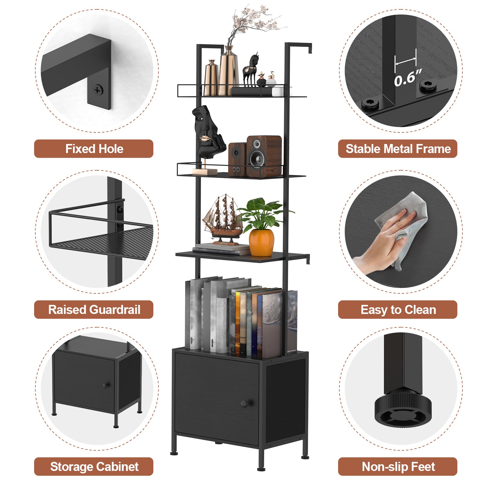 4-Tier Industrial Ladder Shelf with Bottom Storage Cabinet - Wall-Mounted Bookshelf & Display Rack with Metal Frame for Living Room & Office