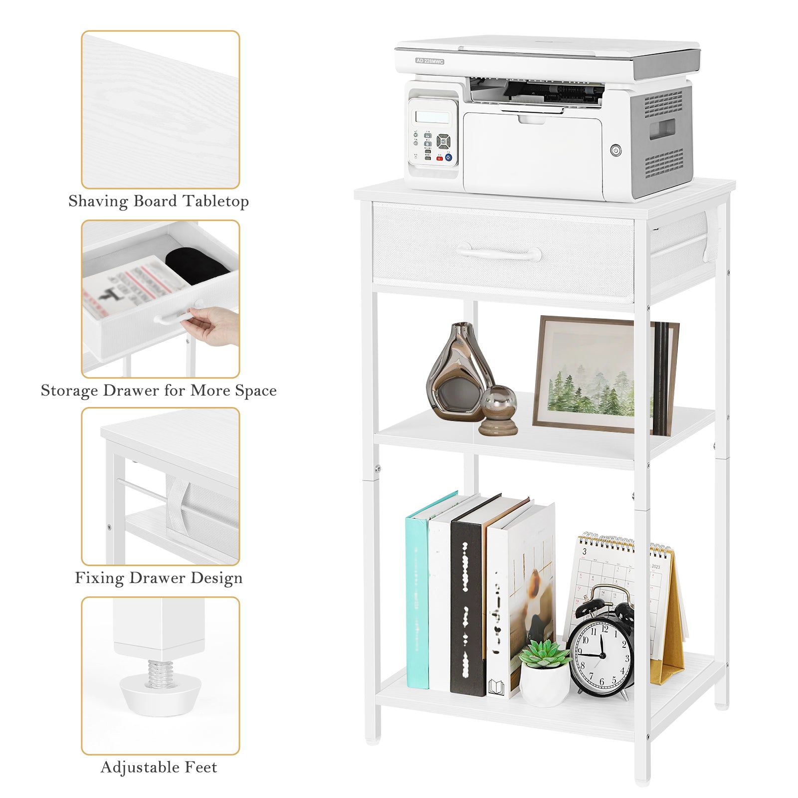 3-Tier White Printer Stand with Fabric Drawer, Desktop Book Organizer Holder for Side Table, Office & Home,