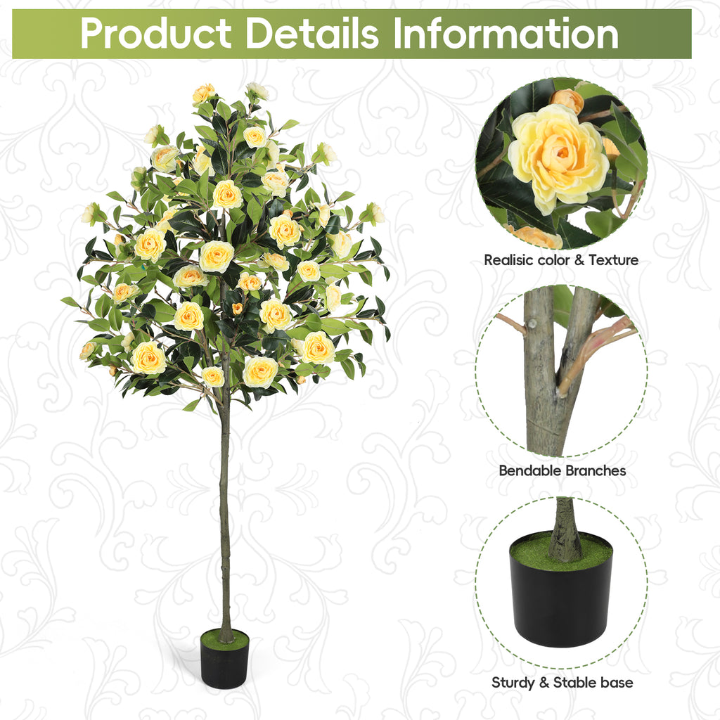 6ft Artificial Camellia Tree with Yellow Flowers, Tall Faux Blooming Tree in Pot for Indoor Outdoor Home Front Door Decor