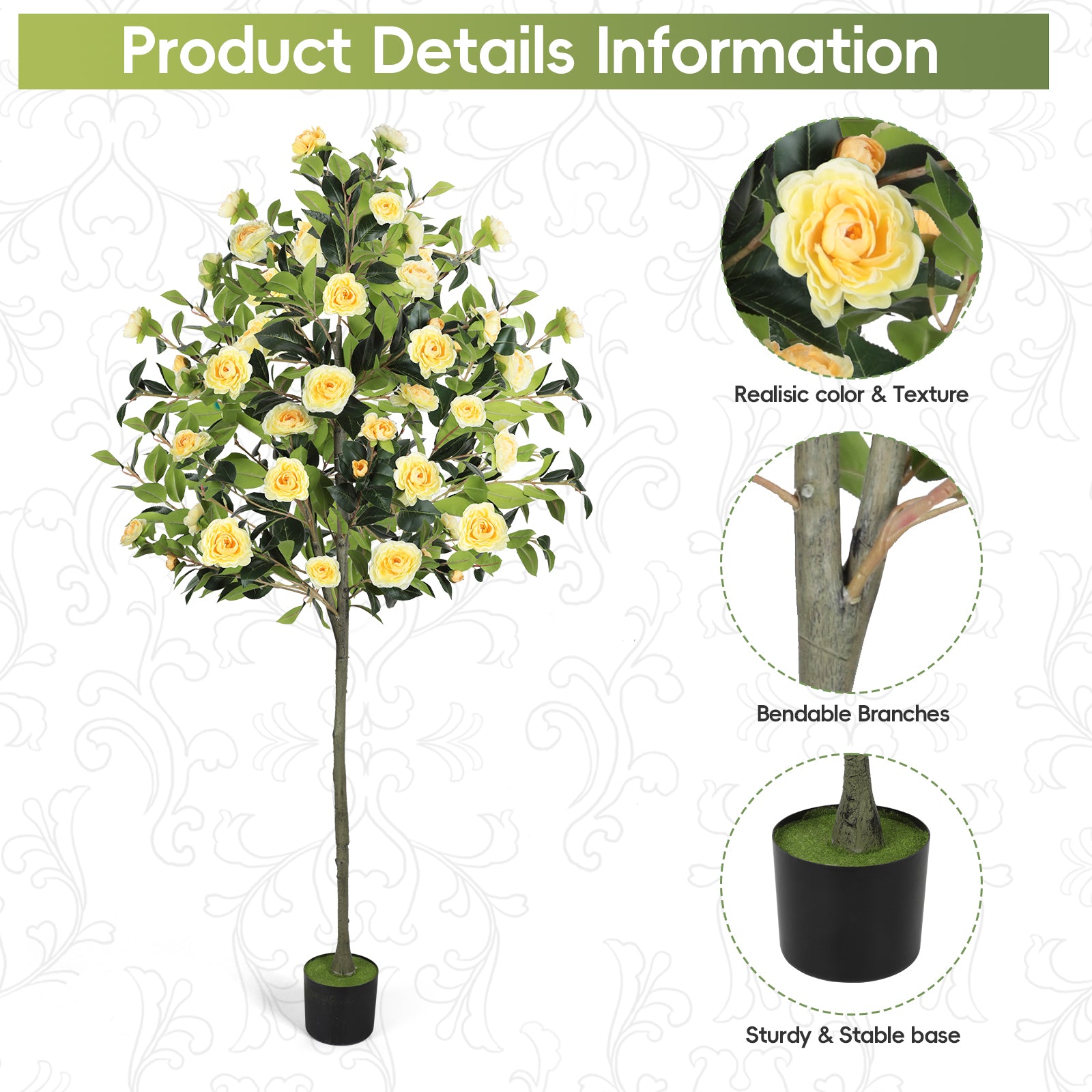 6ft Artificial Camellia Tree with Yellow Flowers, Tall Faux Blooming Tree in Pot for Indoor Outdoor Home Front Door Decor