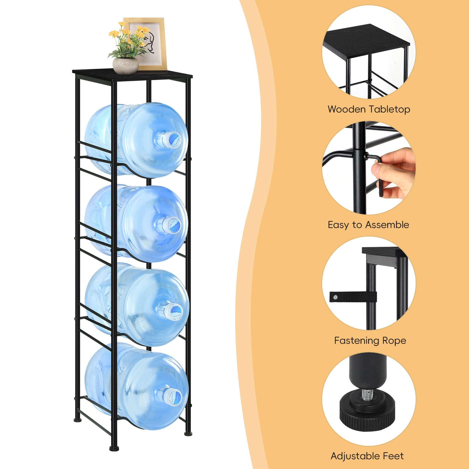 4-Tier 5 Gallon Water Jug Holder with Top Wood Shelf - Heavy Duty Water Bottle Organizer Stand for Office & Kitchen Storage, Black
