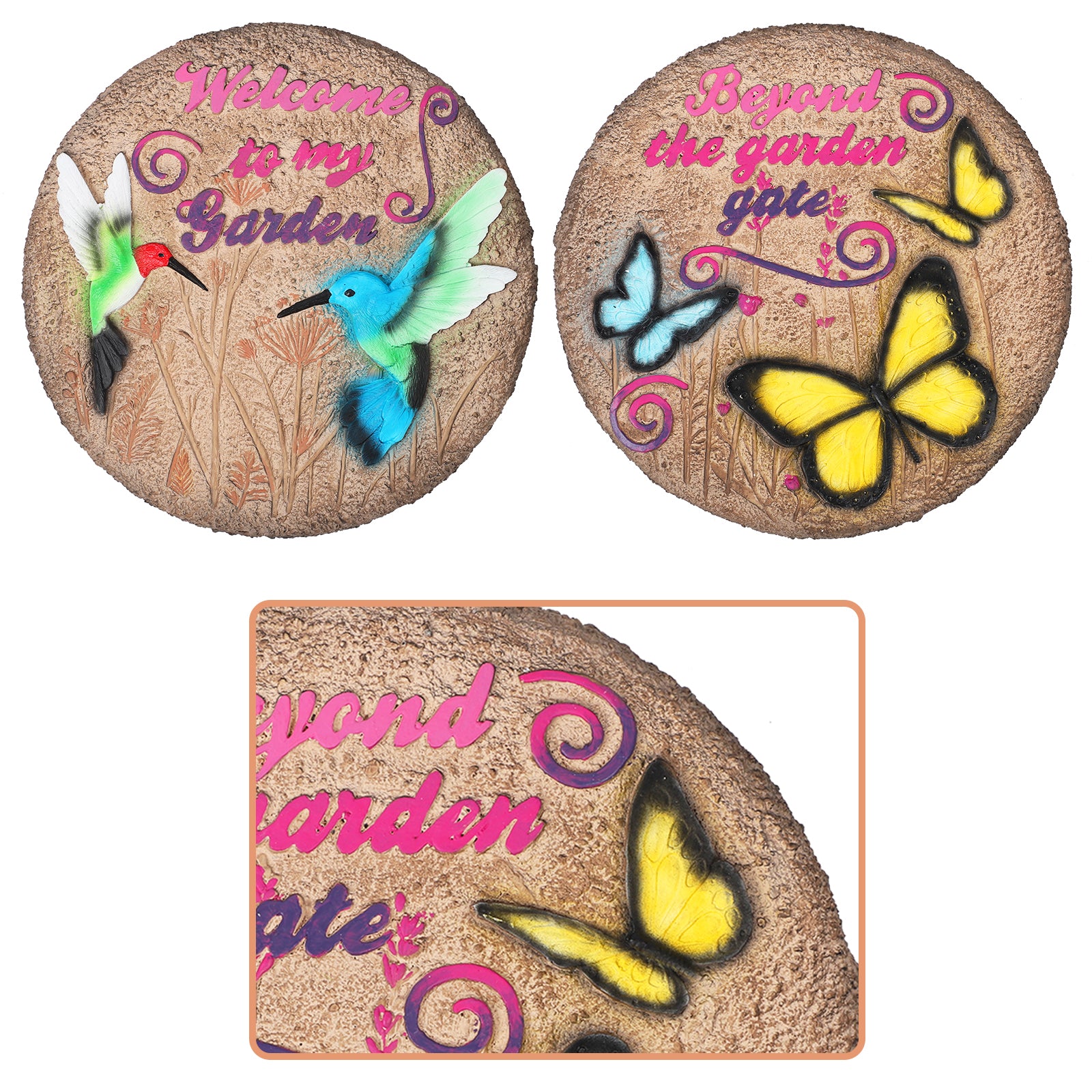 2-Pack 3D Hummingbird and Butterfly Stepping Stones, 10-Inch Decorative Concrete Garden Stones for Outdoor Yard & Path