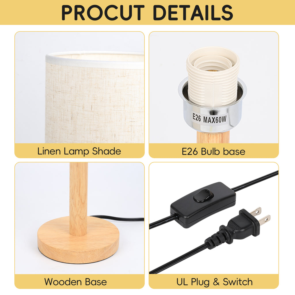 Minimalist Wooden Nightstand Lamp with Fabric Shade, Compact Bedside Table Lamp for Bedroom & Dorm