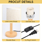 Minimalist Wooden Nightstand Lamp with Fabric Shade, Compact Bedside Table Lamp for Bedroom & Dorm