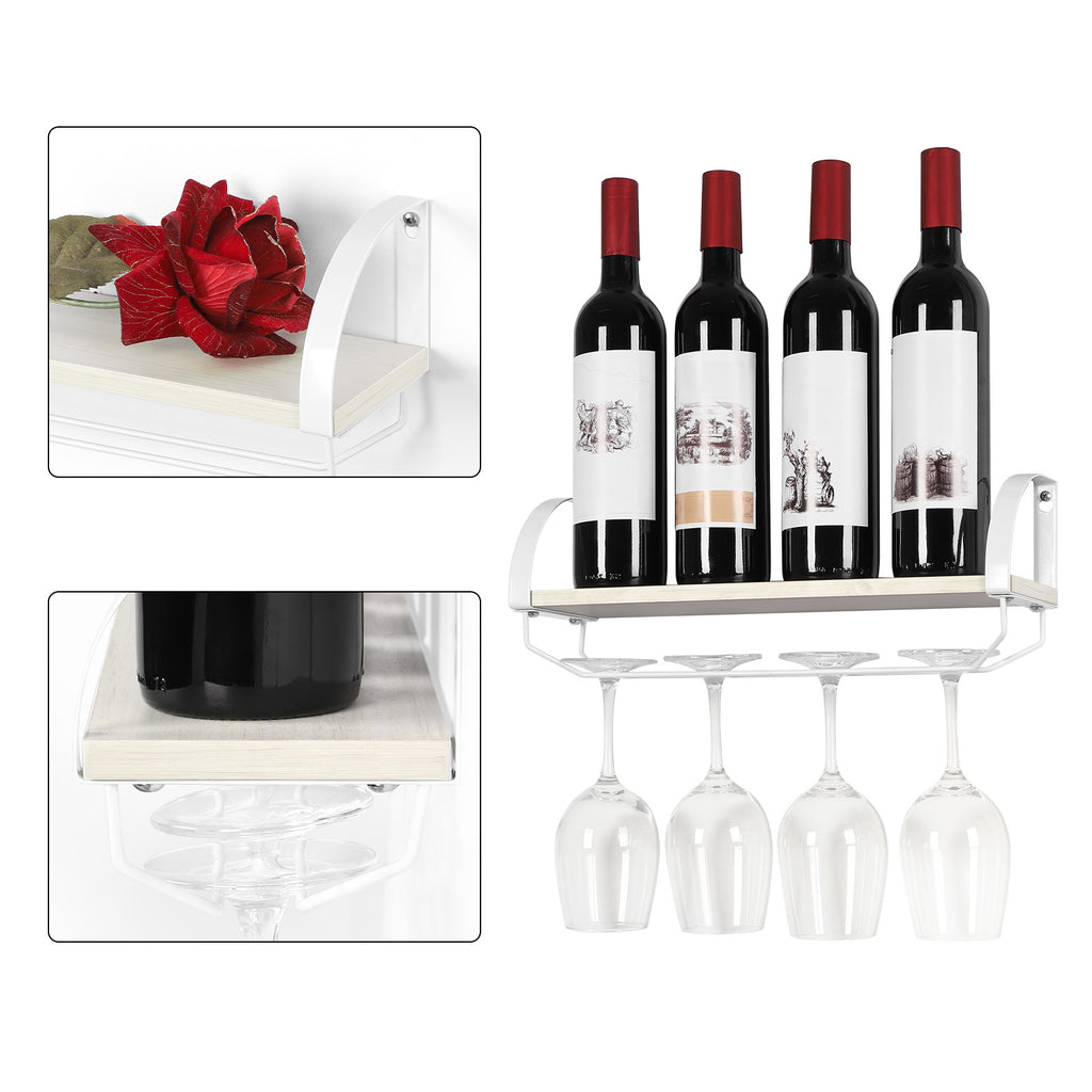 Rustic Wood Wine Rack with Glass Holder ¨C Farmhouse Wall-Mounted Storage Shelf for Kitchen, Pantry, or Bar, Space-Saving Display for Wine Bottles and Stemware, 17 Inch, Wine Bottle Holder