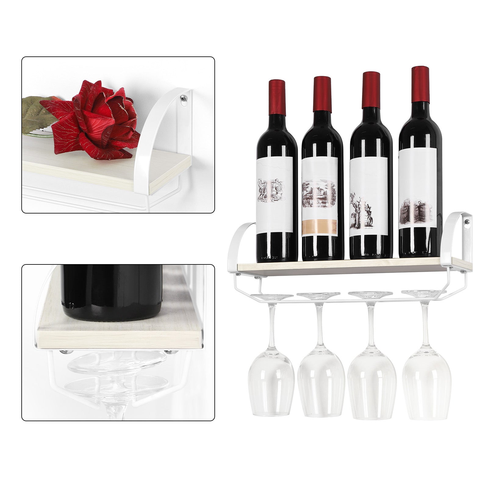 Rustic Wood Wine Rack with Glass Holder ¨C Farmhouse Wall-Mounted Storage Shelf for Kitchen, Pantry, or Bar, Space-Saving Display for Wine Bottles and Stemware, 17 Inch, Wine Bottle Holder