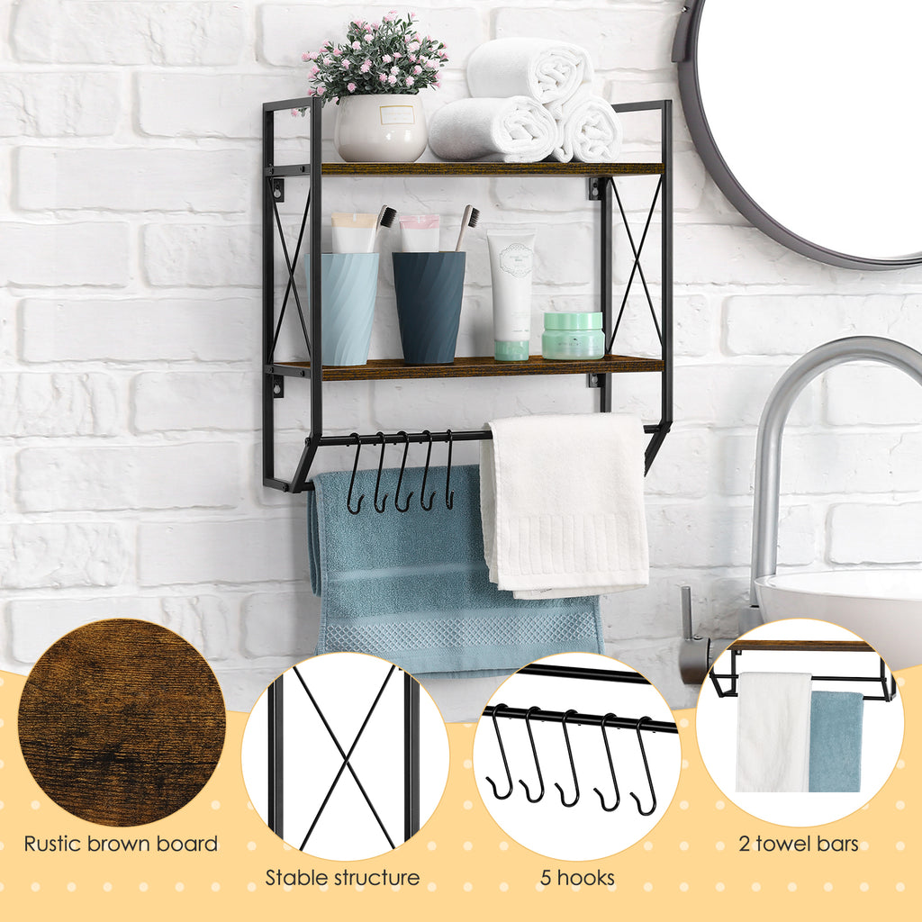 2-Tier Wall Mounted Bathroom Shelf - Rustic Wood Towel Rack with Hooks & Towel Bar Organizer,