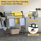 Multi-Level Rolling Towel Drying Rack with Side Storage Baskets - Freestanding Blanket Holder & Bathroom Organizer with Bottom Shelf, Black