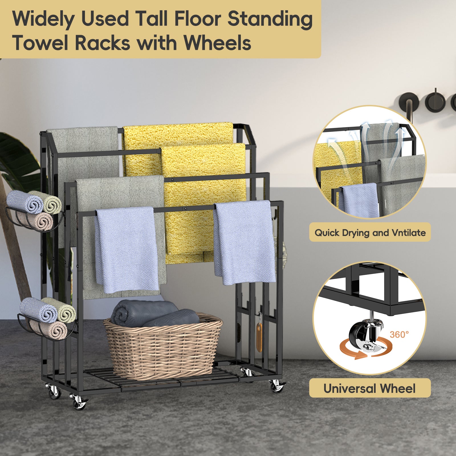 Multi-Level Rolling Towel Drying Rack with Side Storage Baskets - Freestanding Blanket Holder & Bathroom Organizer with Bottom Shelf, Black