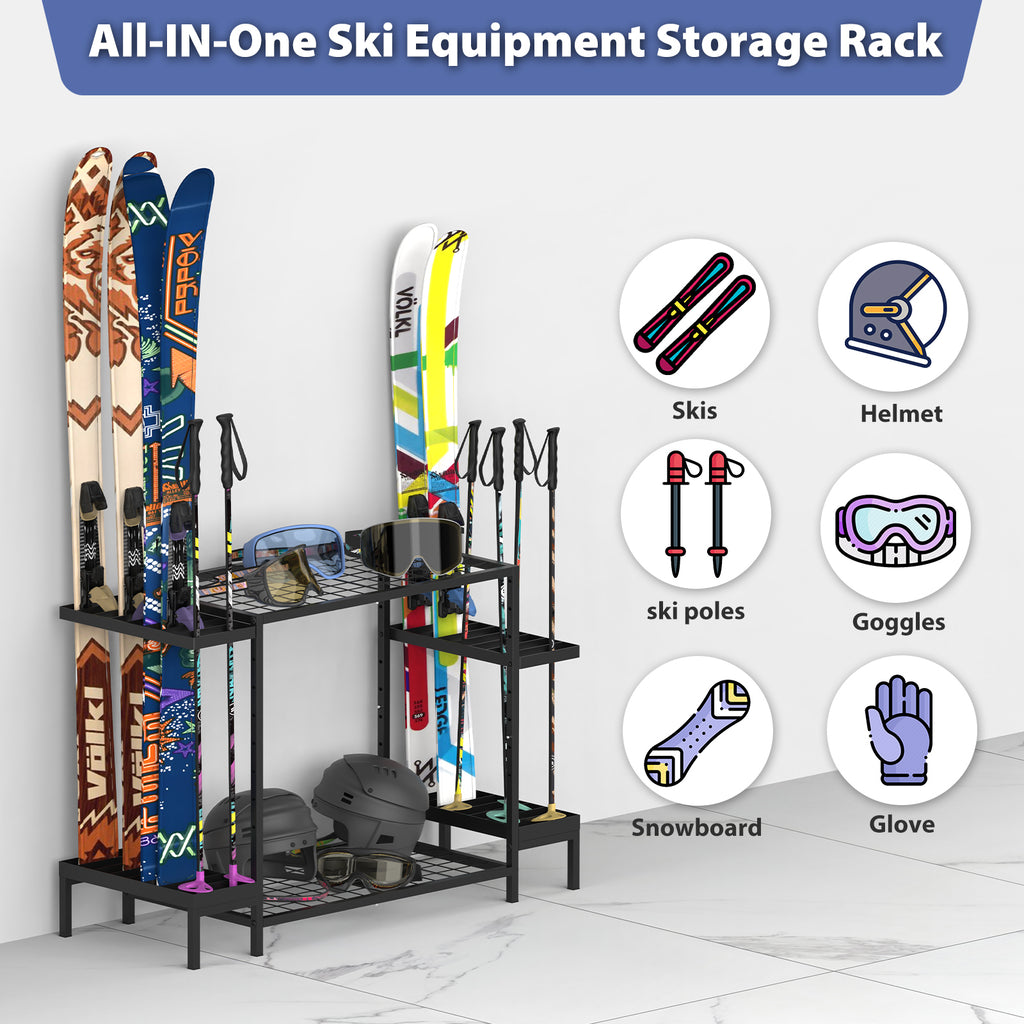 Independent Garage Ski and Snowboard Floor Organizer - Heavy Duty Vertical Storage Stand for 6 Pairs of Skis and Gear - Ideal Gift for Winter Sports Enthusiasts