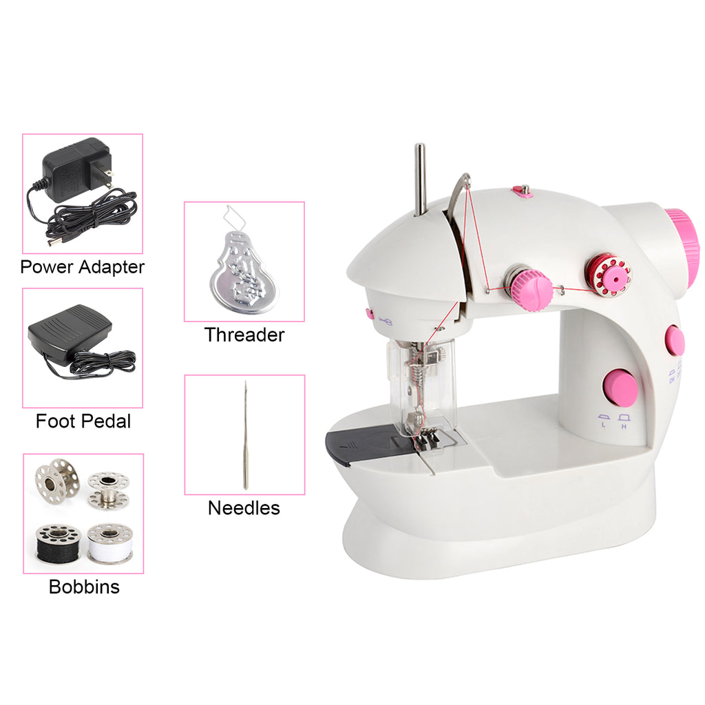 Mini Portable Sewing Machine - Dual Speed Crafting & Mending Machine for Beginners - Includes Foot Pedal, Pink & White