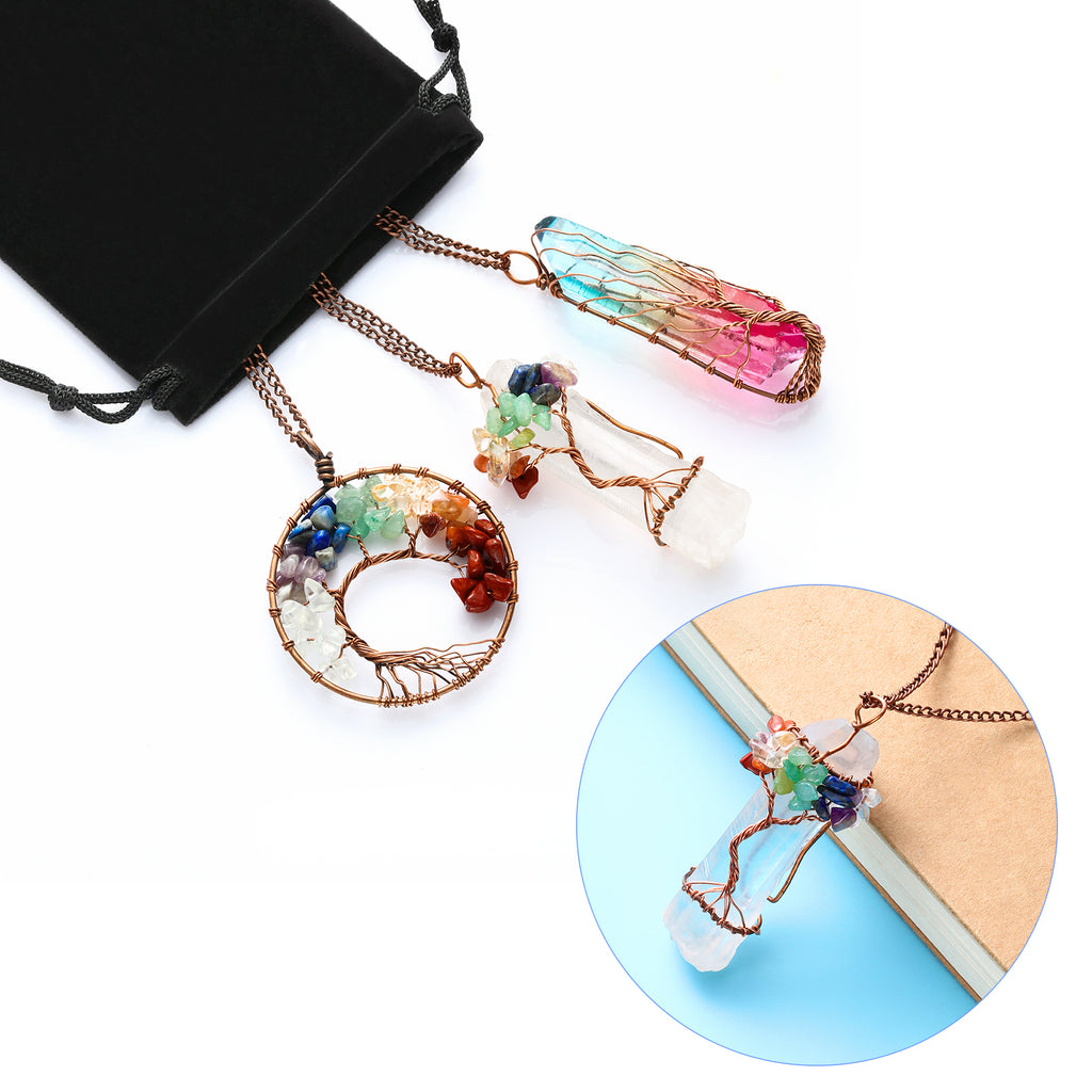 3-Piece Tree of Life Pendant Necklace Set - Natural Healing Stone Jewelry - Hand-Wrapped Crystal Sweater Chains for Women
