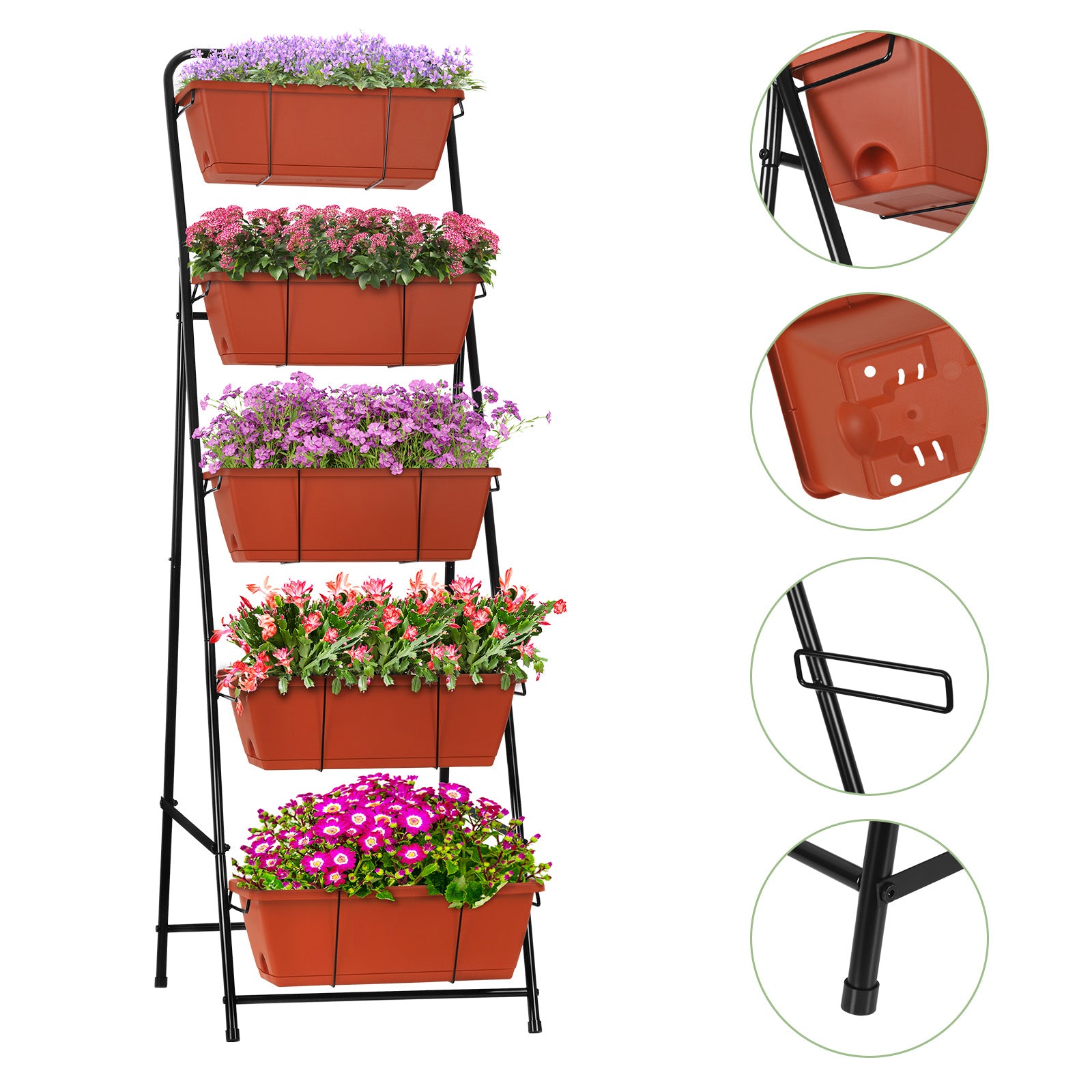 5-Tier Vertical Garden Bed - Large Capacity Standing Planter Boxes with Drainage Trays, Brick Red