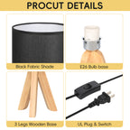 Modern Bedside Table Lamp with Wooden Tripod Base, Linen Fabric Shade Nightlight for Bedroom & Office