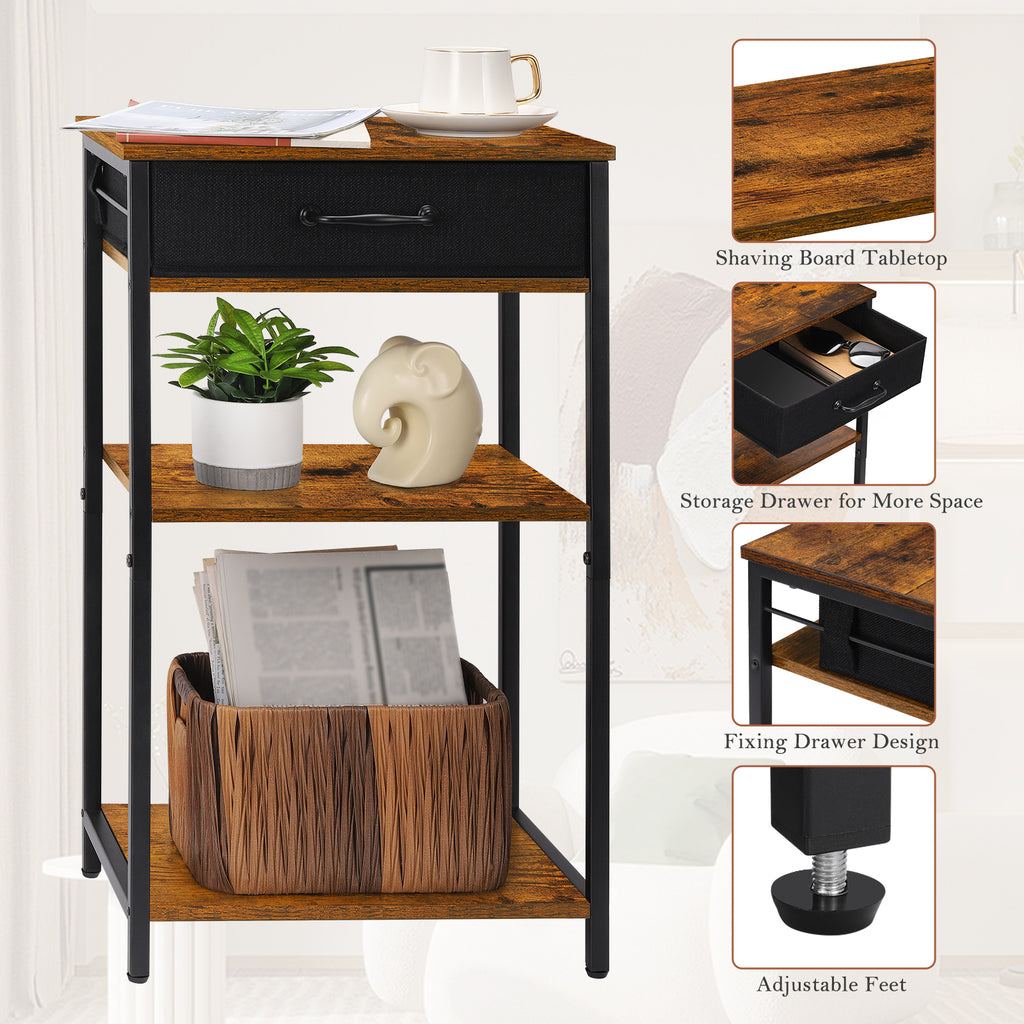3-Tier Printer Stand with Drawer, Industrial Under Desk Printer Table with Storage Shelves, Rustic Wood Side Table Nightstand for Home Office, Small Printer Cart for Fax Machine, Scanner, Files, Brown