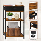 3-Tier Printer Stand with Drawer, Industrial Under Desk Printer Table with Storage Shelves, Rustic Wood Side Table Nightstand for Home Office, Small Printer Cart for Fax Machine, Scanner, Files, Brown