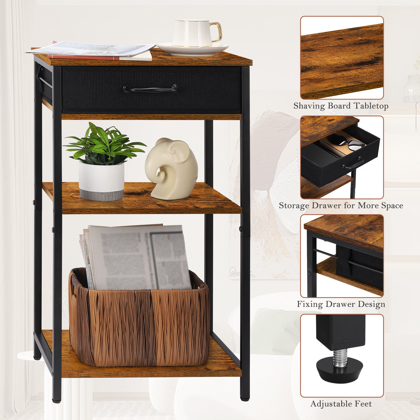 3-Tier Printer Stand with Drawer, Industrial Under Desk Printer Table with Storage Shelves, Rustic Wood Side Table Nightstand for Home Office, Small Printer Cart for Fax Machine, Scanner, Files, Brown
