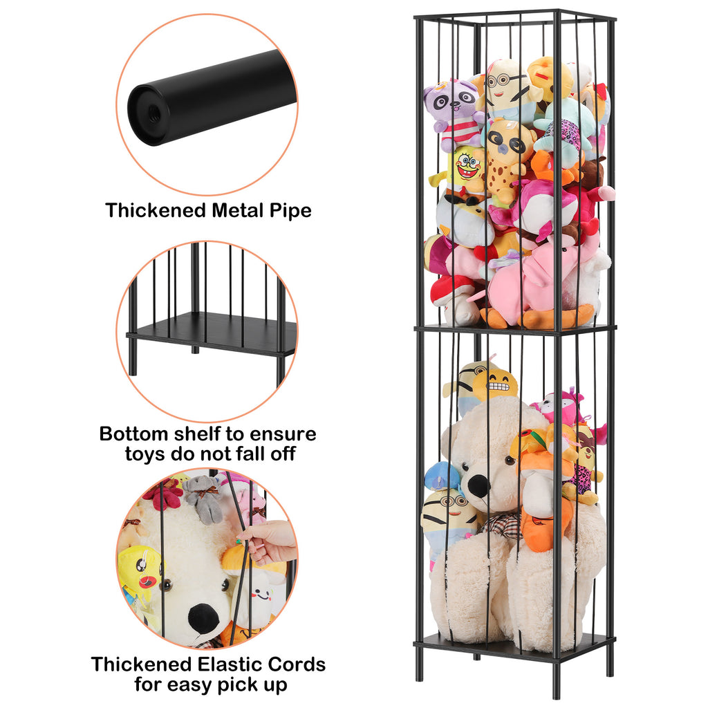 2-Tier Stuffed Animal Zoo Storage Cage - Tall Metal Plush Toy Organizer & Nursery Display, Black,