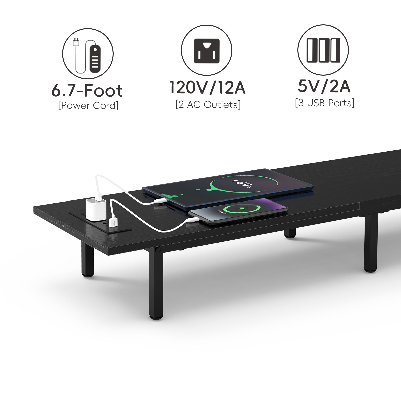 Dual Monitor Stand Riser with Power Outlets - Desk Organizer with 3 USB & 2 AC Ports for PC Laptop,