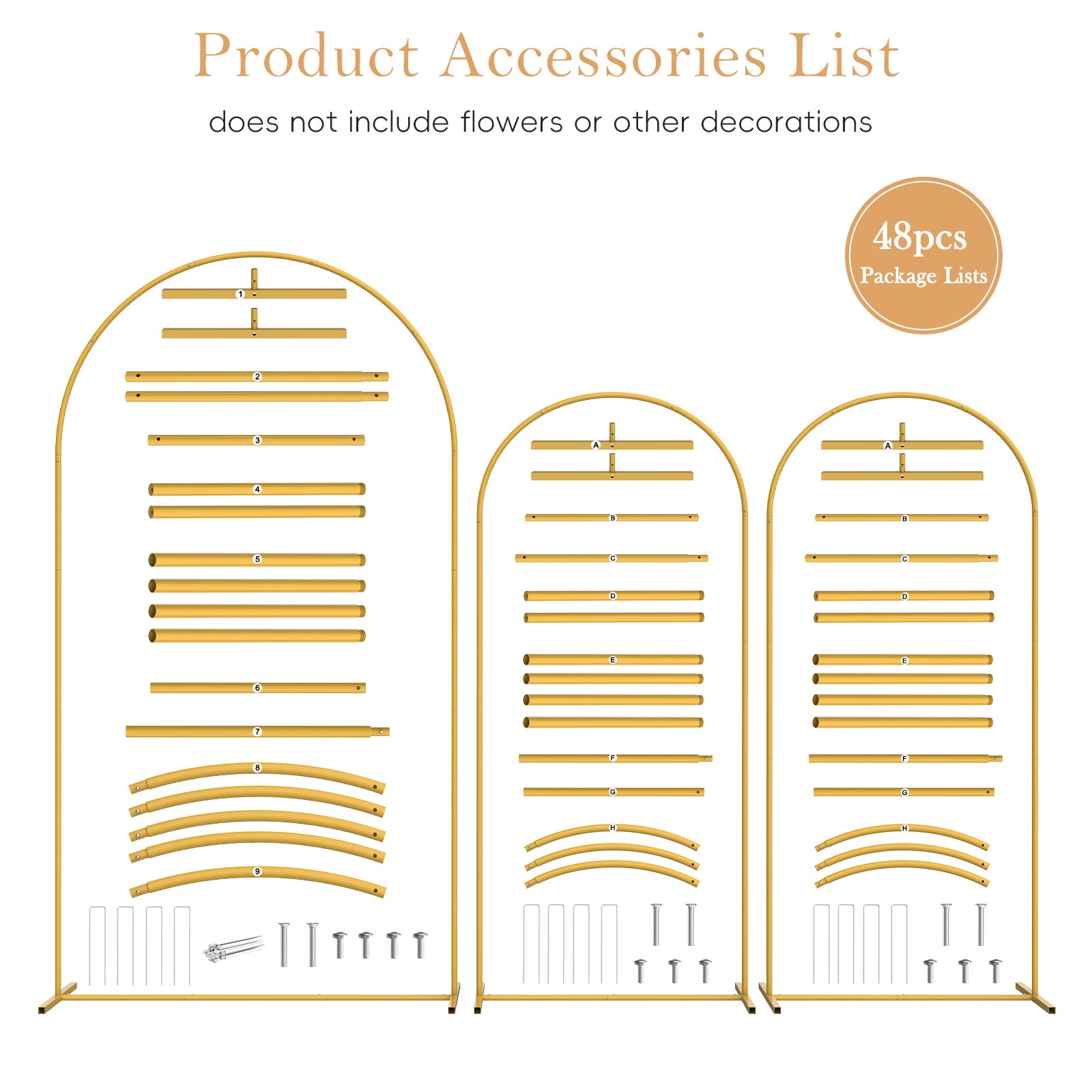 Set of 3 Gold Metal Arch Backdrop Stand, 7.3FT Large Central Arch & 2PCS 6FT Side Arched Frame, Heavy Duty Round Pipe Wedding Balloon Flower Arch Stand for Wedding Baby Shower Gender Reveal Birthday Party Ceremony Decor
