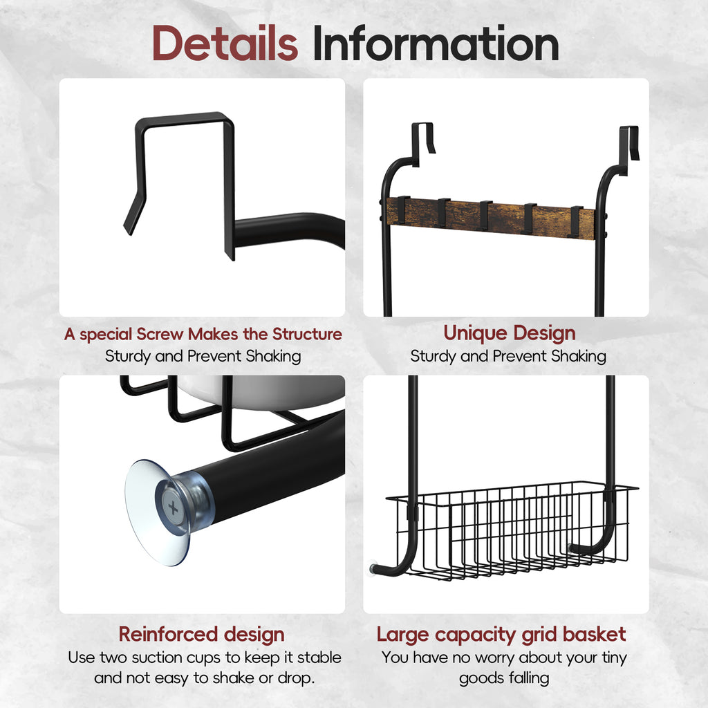 No-Drill Over-the-Door Towel Rack with Storage Basket and Hooks, Black Finish