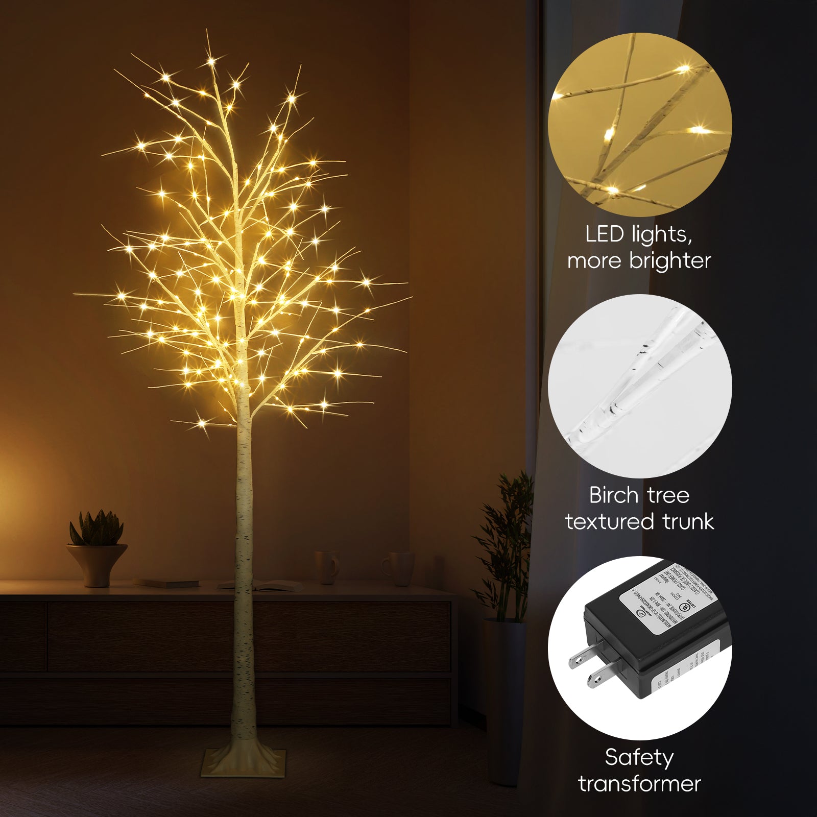 6FT Lighted Birch Tree with 96 LED Warm White Lights - Artificial Twig Tree for Holiday & Home Decor