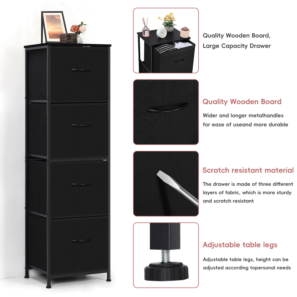 51" Tall 4-Drawer Fabric Dresser Tower - Vertical Closet Organizer for Bedroom & Entryway, Slim Storage Chest with Wooden Top & Metal Frame, Black