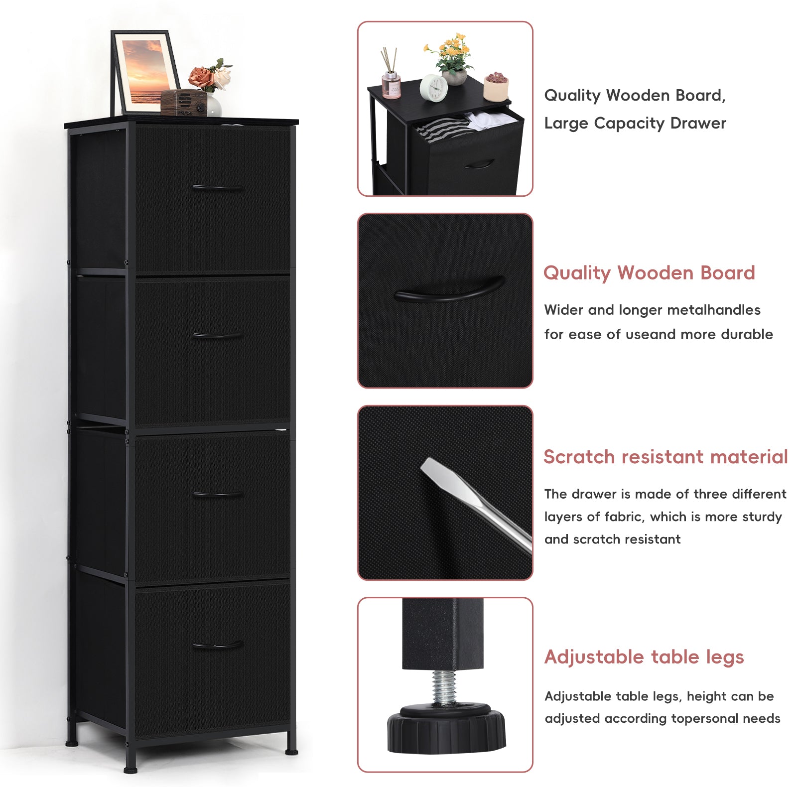 51" Tall 4-Drawer Fabric Dresser Tower - Vertical Closet Organizer for Bedroom & Entryway, Slim Storage Chest with Wooden Top & Metal Frame, Black