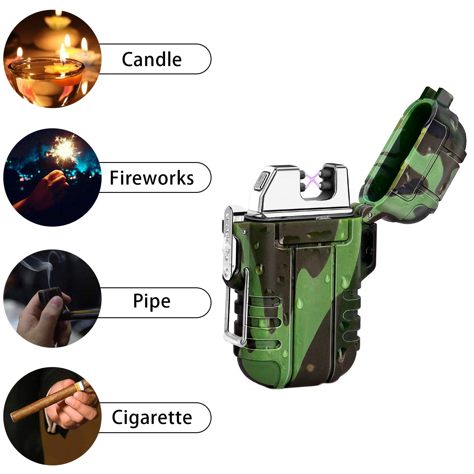Waterproof Dual Arc Plasma Lighter, USB Rechargeable Windproof Electric Lighter for Camping, Survival, and Outdoor Hiking, Camo,