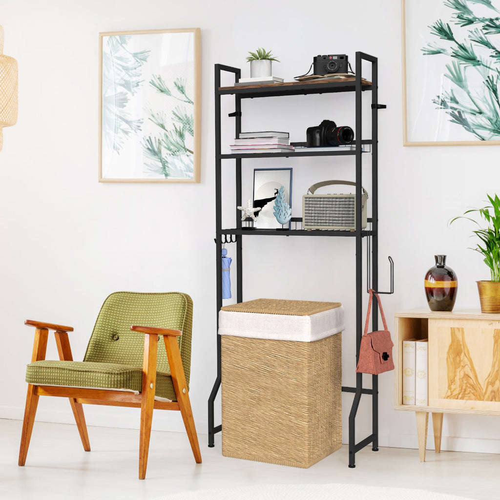 Iron & Oak 3-Tier Over-the-Toilet Organizer | Industrial Space-Saving Bathroom Station with Integrated Paper Holder