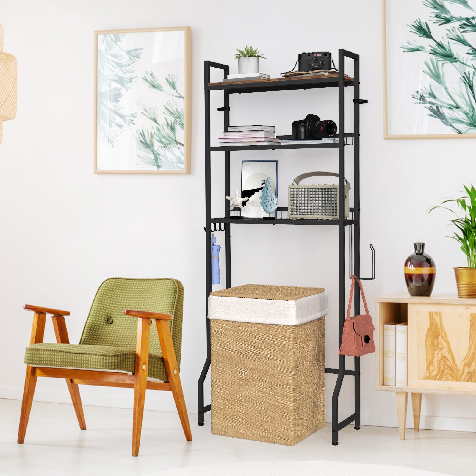 Iron & Oak 3-Tier Over-the-Toilet Organizer | Industrial Space-Saving Bathroom Station with Integrated Paper Holder
