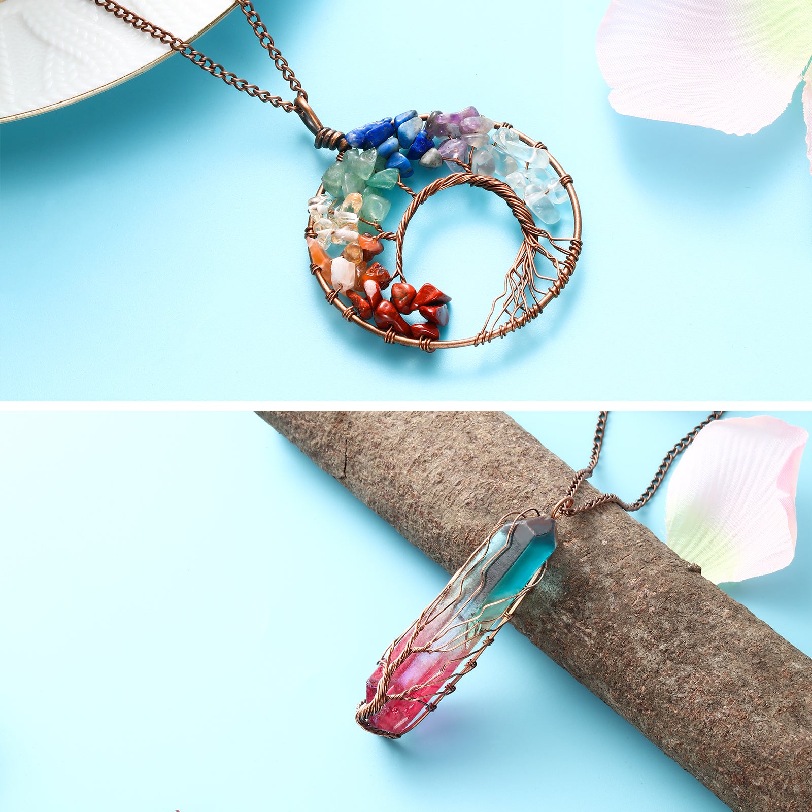 3-Piece Tree of Life Pendant Necklace Set - Natural Healing Stone Jewelry - Hand-Wrapped Crystal Sweater Chains for Women