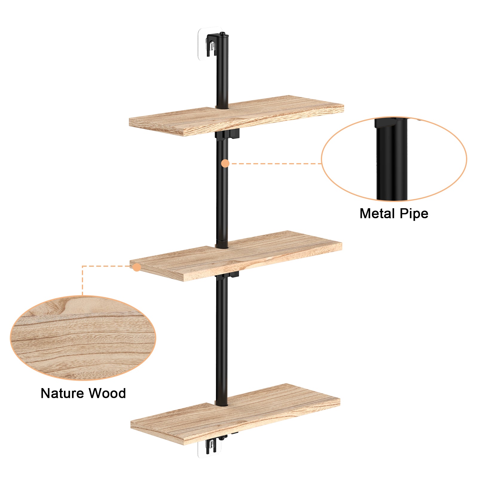 3-Tier Industrial Pipe Shelf, Wall-Mounted Floating Wood Bookshelf for Living Room & Kitchen