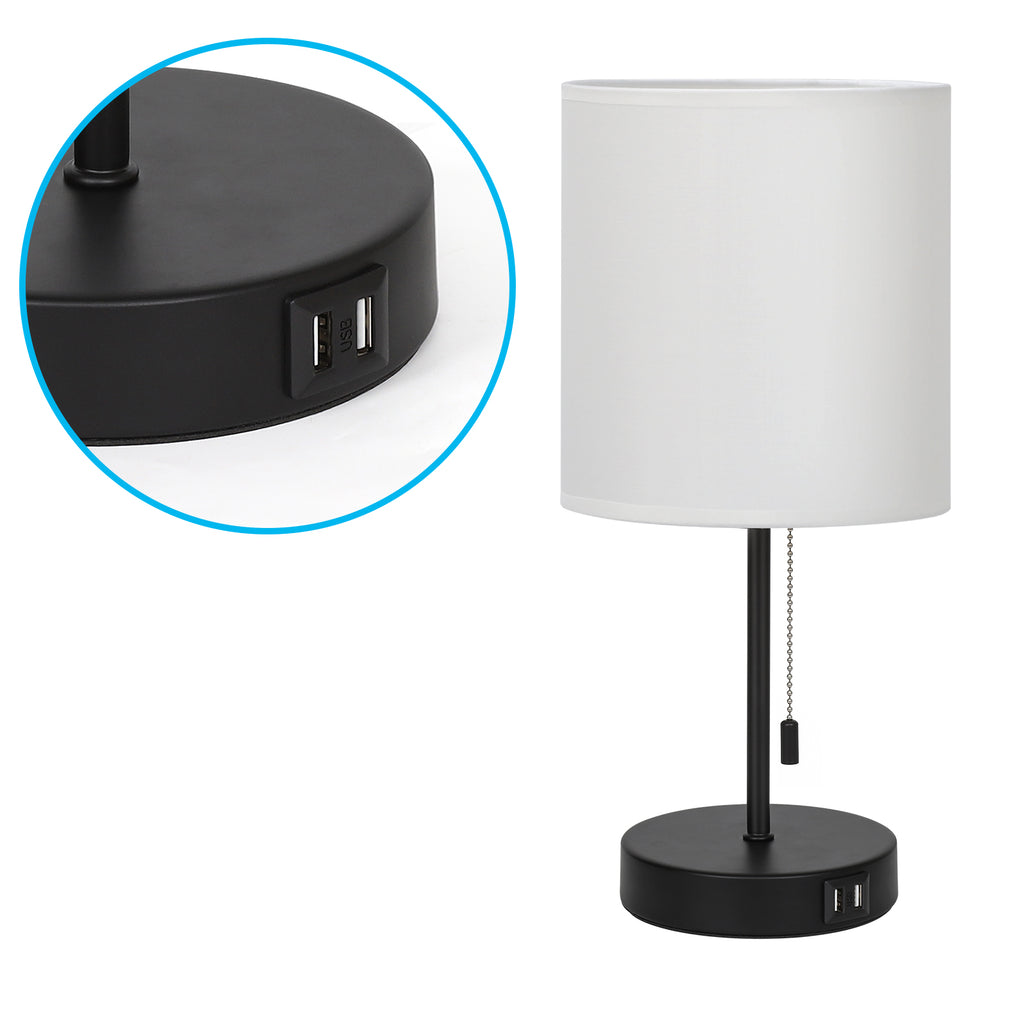 White Fabric Shade Nightstand Lamp with Dual USB Fast Charging Ports, Versatile Metal Desk Lighting for Bedroom, Office, and Living Areas