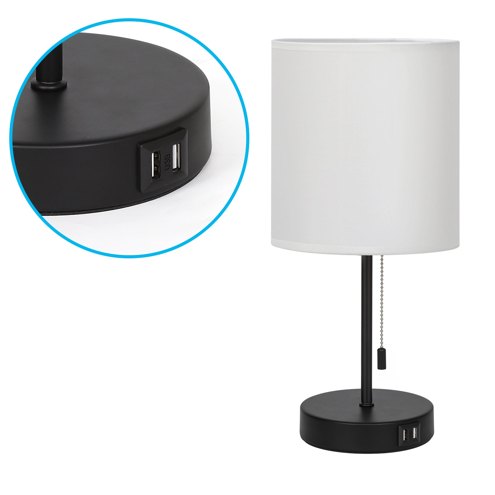 White Fabric Shade Nightstand Lamp with Dual USB Fast Charging Ports, Versatile Metal Desk Lighting for Bedroom, Office, and Living Areas