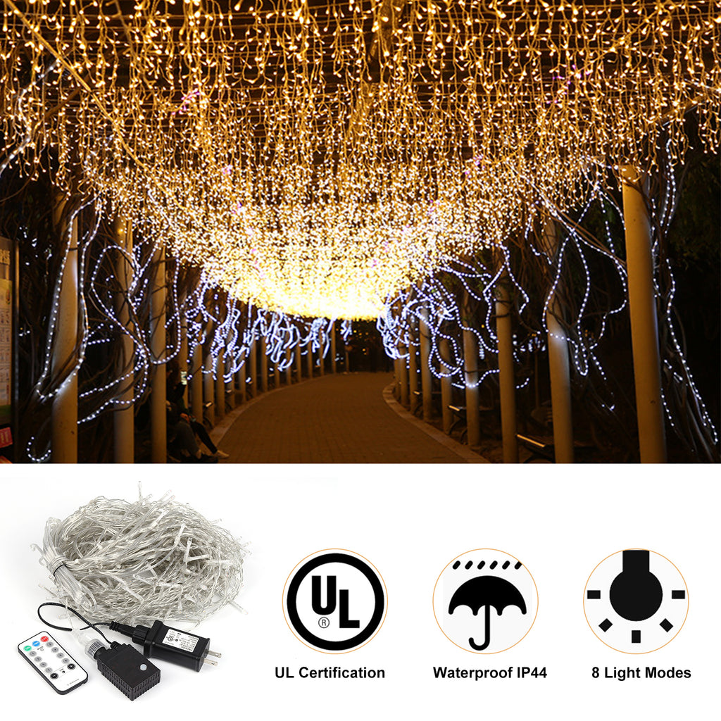 37FT LED Icicle Curtain Lights 288 LEDs 8 Modes IP44 Waterproof Outdoor Hanging String Lights for Xmas Wedding Yard Party Decor