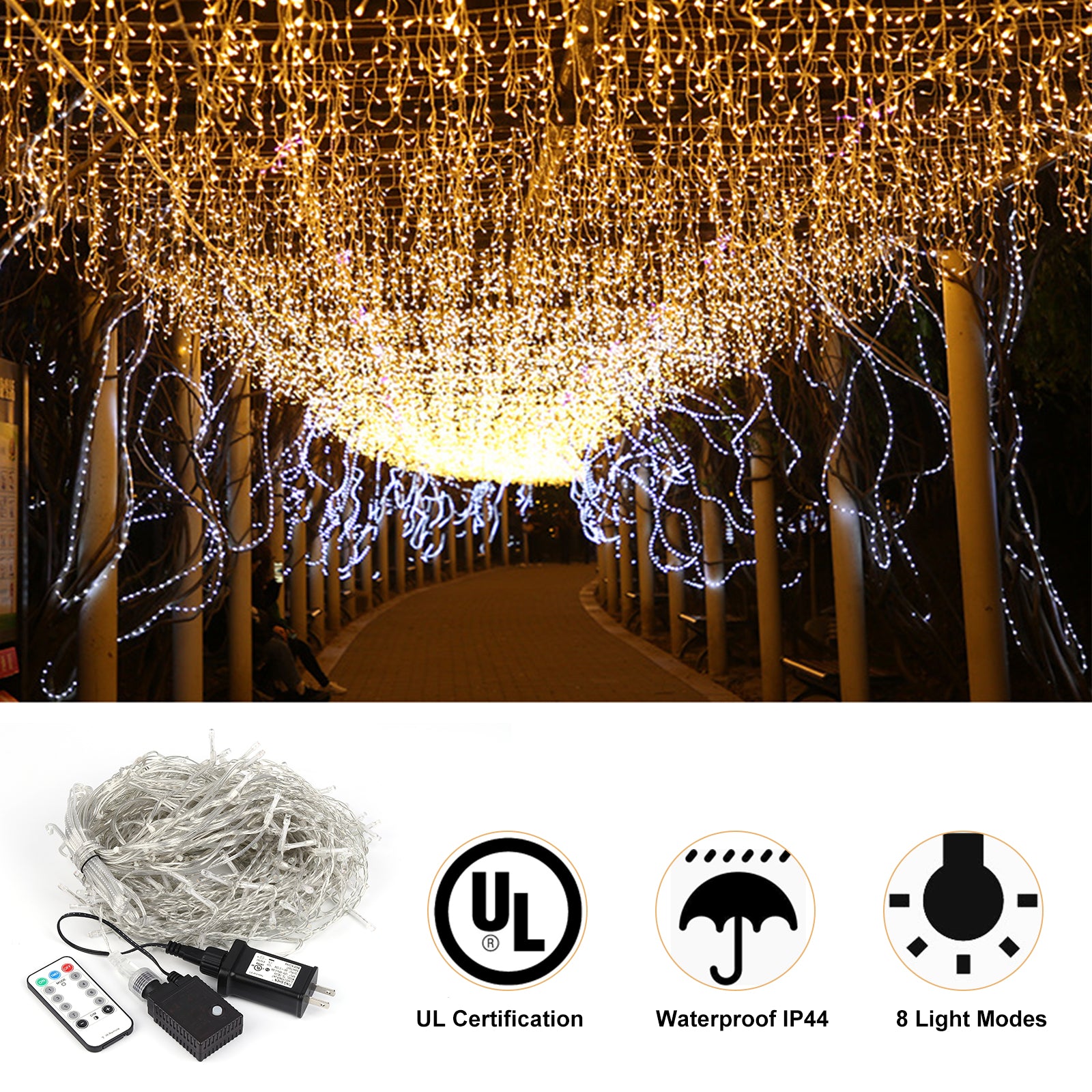 37FT LED Icicle Curtain Lights 288 LEDs 8 Modes IP44 Waterproof Outdoor Hanging String Lights for Xmas Wedding Yard Party Decor