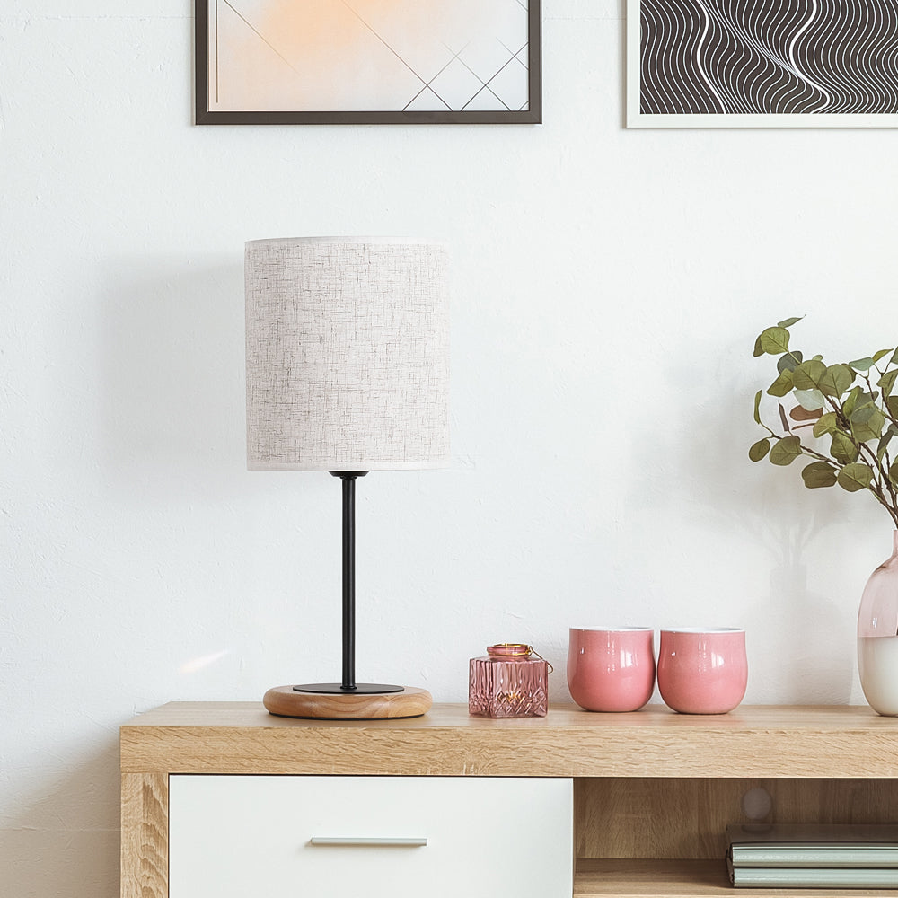 Modern Bedside Desk Lamp with Wooden Base， Nightstand Lamp with Linen Shade for Dorm and Home.