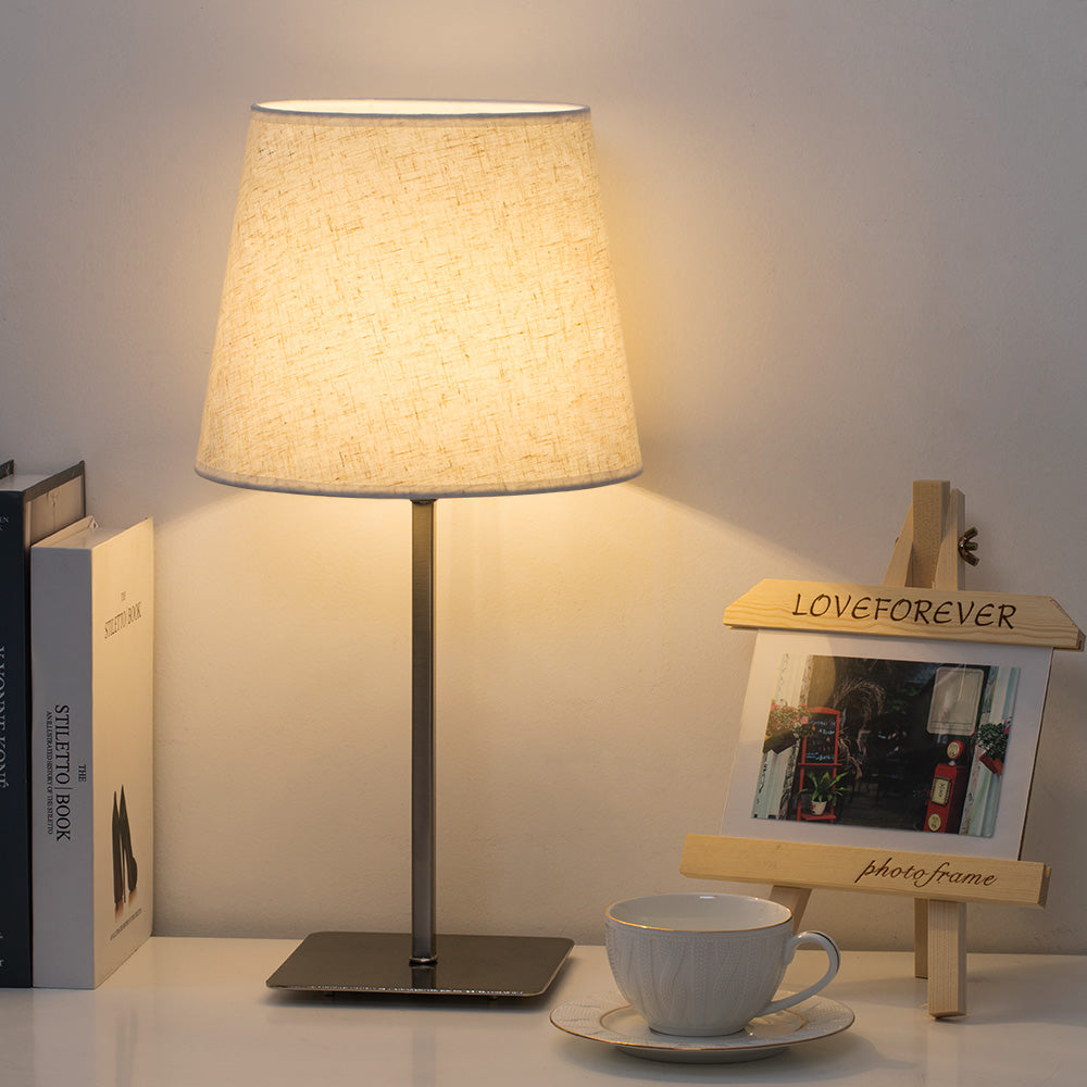 Modern Metal Square Base Nightstand Lamp Set of 2 with Fabric Shades for Bedroom and Office