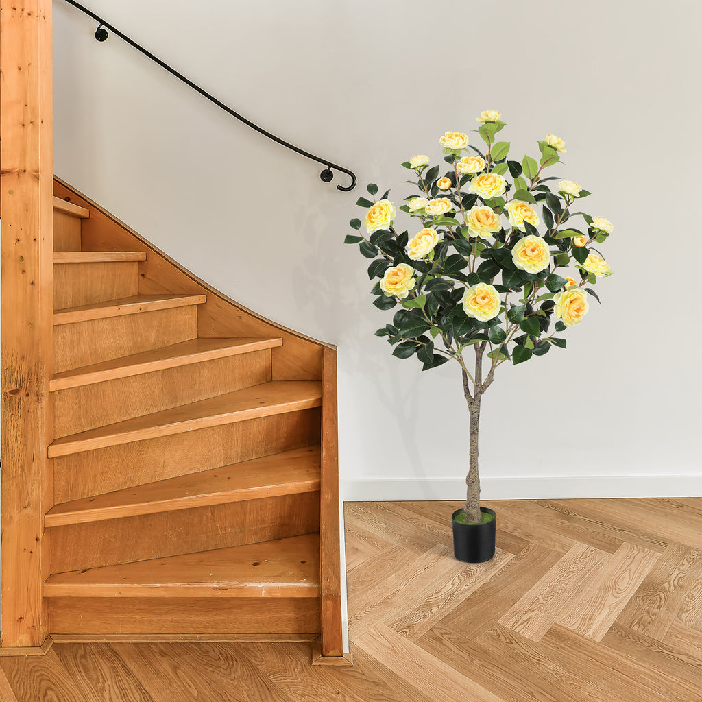 4ft Artificial Camellia Tree with Vibrant Yellow Flowers, Lifelike Potted Faux Plant for Indoor & Outdoor Home Decor, Porch & Office