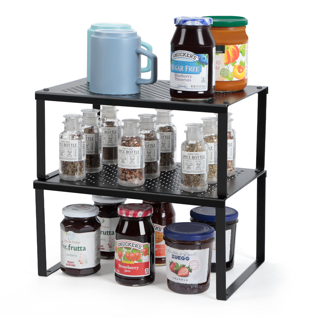 Set of 2 Black Cabinet Shelf Inserts - Expandable & Stackable Kitchen Organizer for Spice Rack