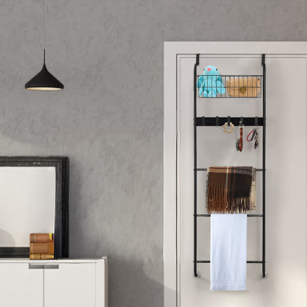 Over The Door Towel Rack with Basket, 5-Tier Hanging Towel Bar with Hooks for Bathroom Organization