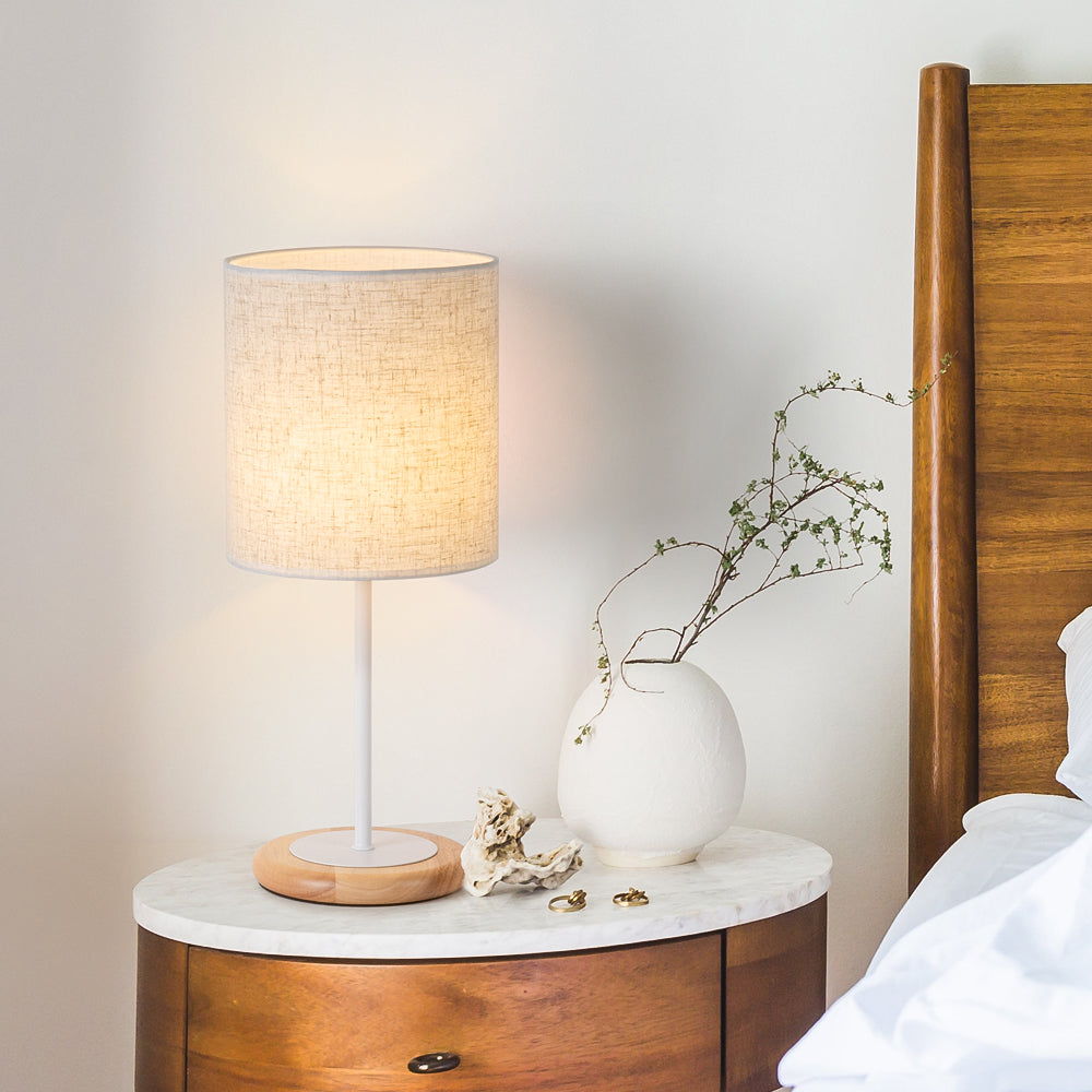 Modern Desk Lamp, Nightstand Lamp for Bedroom, Office, College Dorm, Living Room with Linen Fabric Lamp Shade and Wooden Base