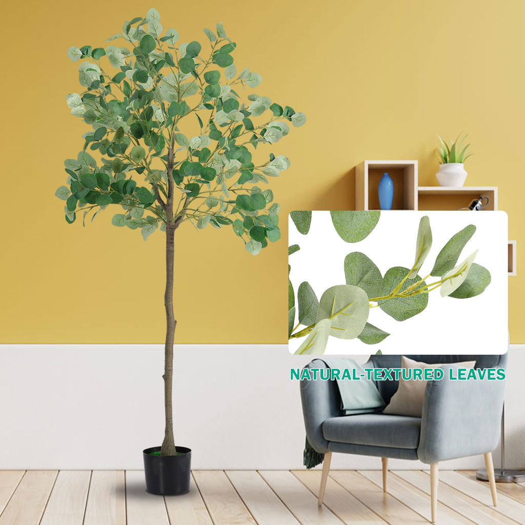 6FT Tall Artificial Eucalyptus Tree - Realistic Faux Silk Potted Plant for Indoor Decor