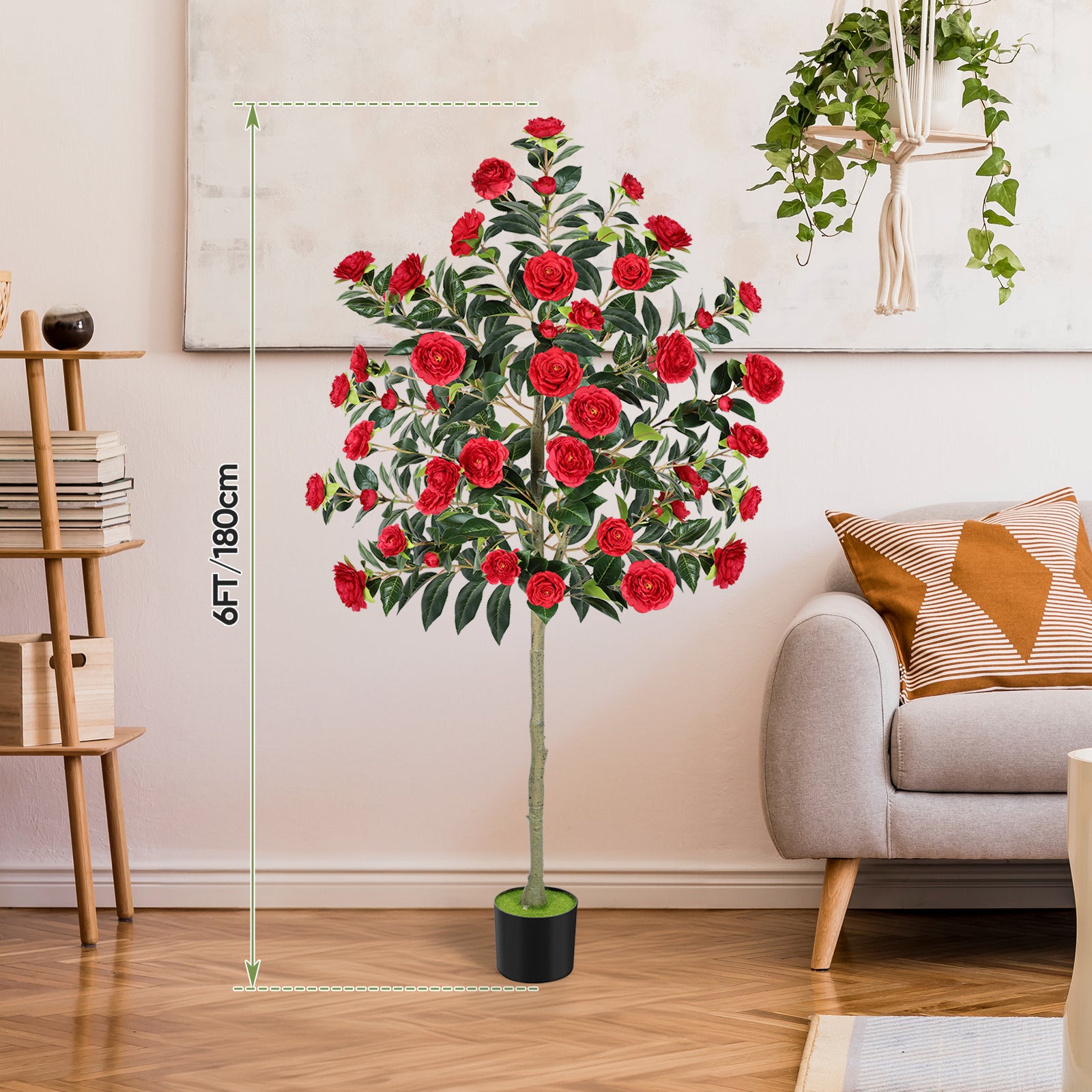 6ft Artificial Camellia Tree, Large Red Faux Blooming Tree in Pot, Tall Silk Floral Plant for Indoor Home Office & Front Door Decor