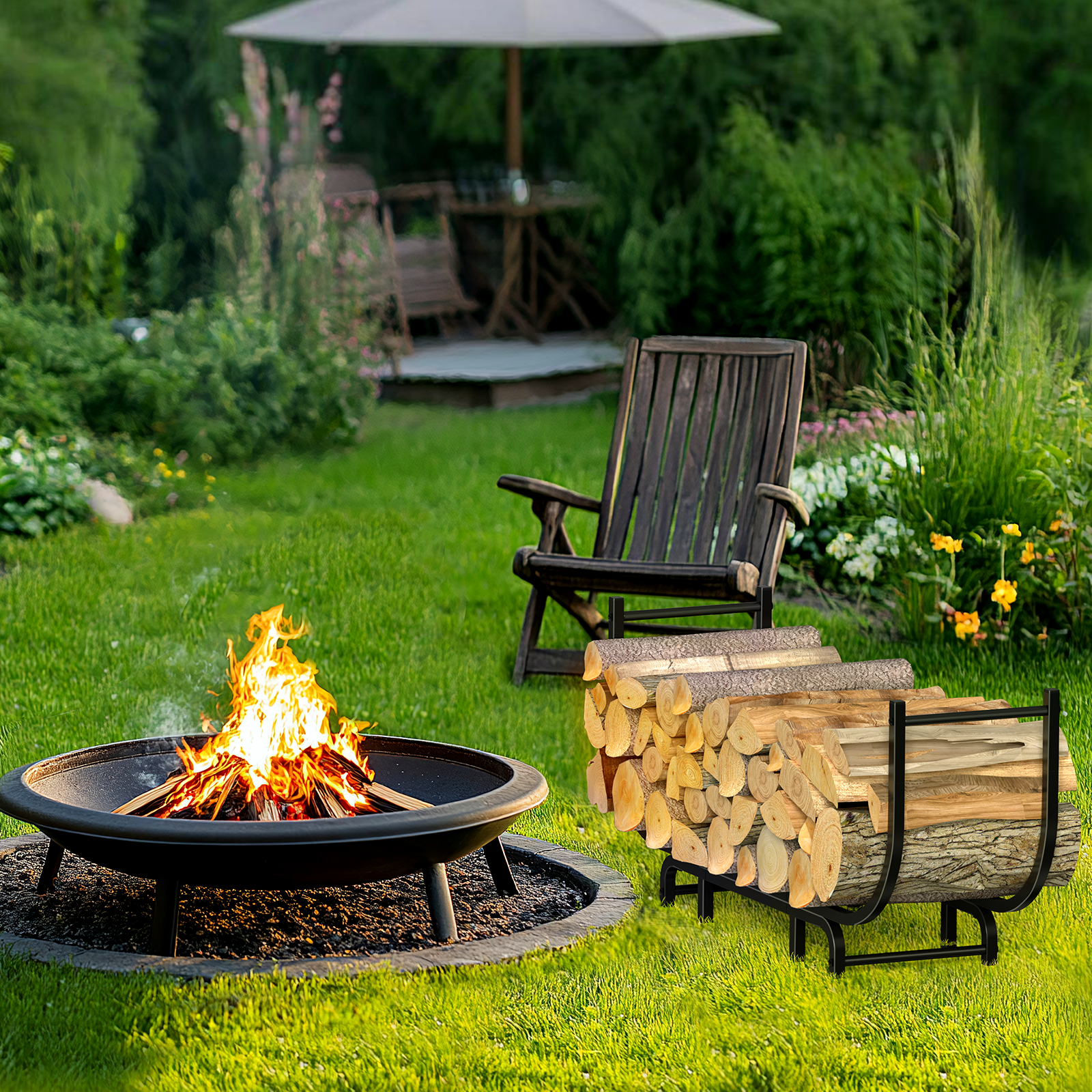 48inch Curved Firewood Rack, Heavy Duty Metal Log Storage Rack for Fireplace & Outdoor Use