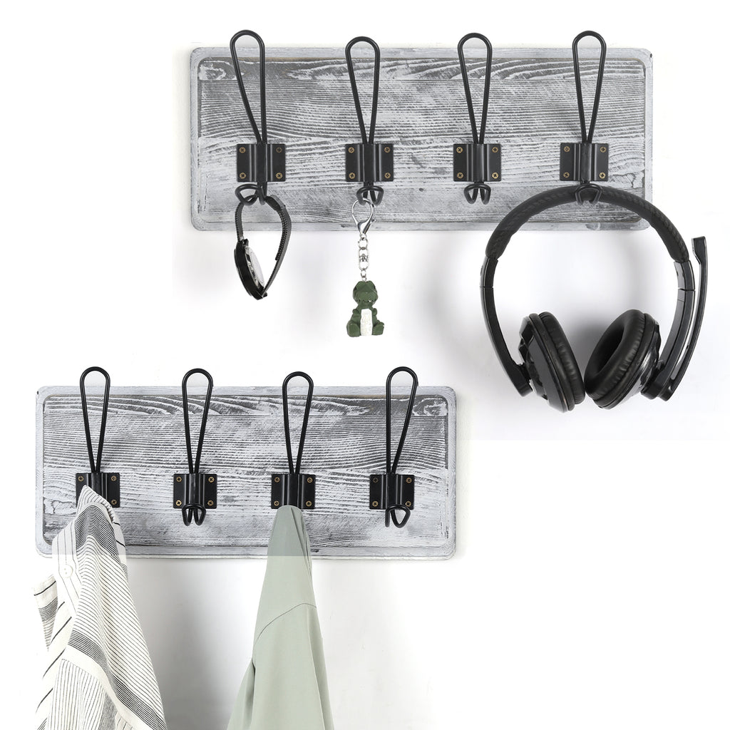 Set of 2 Rustic Wood Wall Hooks for Keys and Coats - Gray White Decorative Hanger with 4 Prongs for Entryway, Bathroom, or Bedroom Organizer